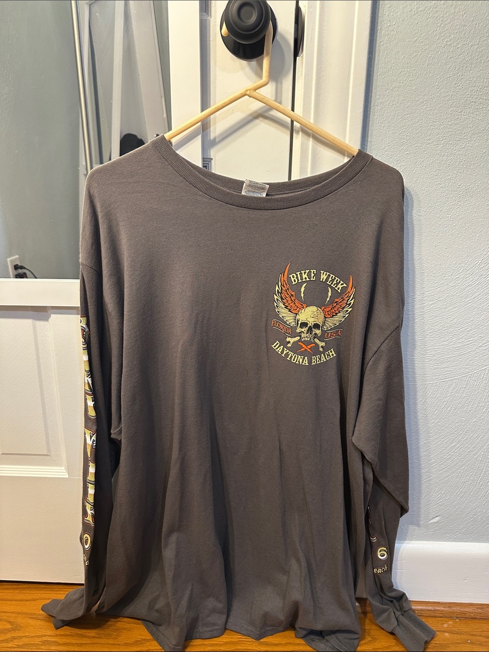 Daytona Beach Bike Week 2016 Skull Wing Long Sleeve Tee - Gray & Orange